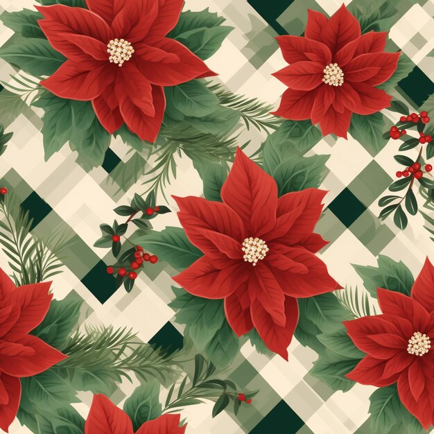 Seamless floral pattern with poinsettis and holly leaves on a checkered background generative ai