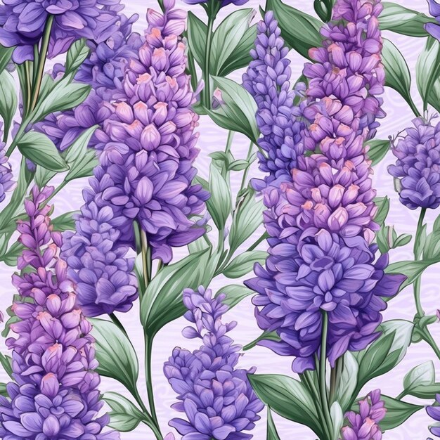 Seamless floral pattern with purple flowers on a white background generative ai