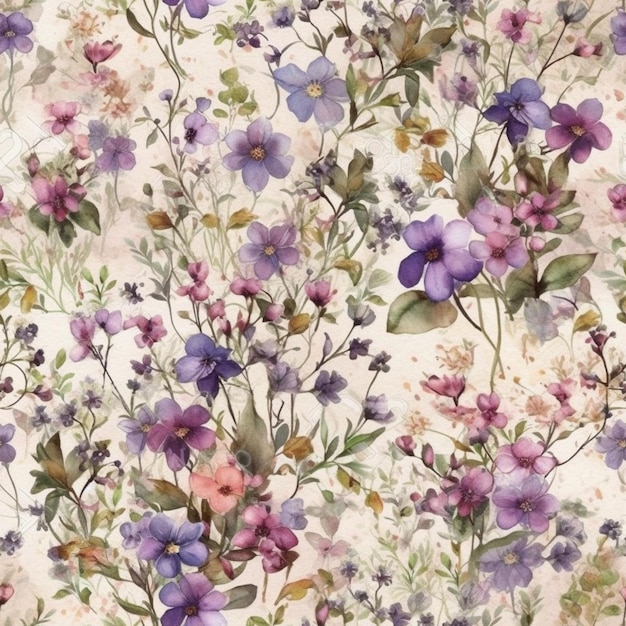 A seamless floral pattern with purple and pink flowers.