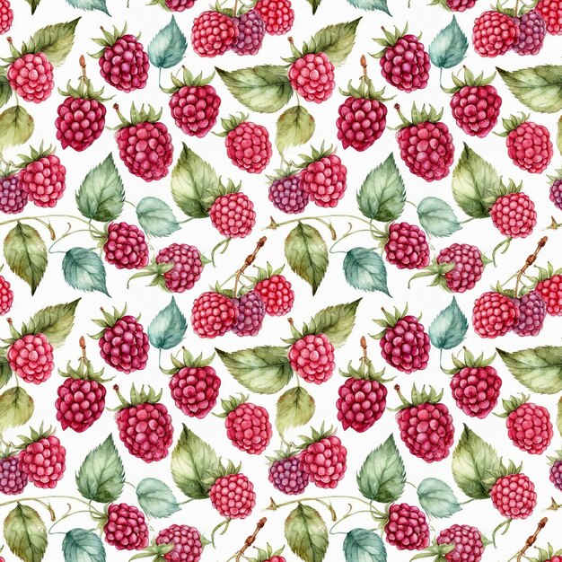 Seamless floral pattern with raspberries on a white background