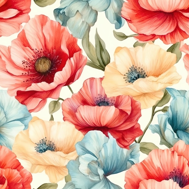 A seamless floral pattern with red, blue, and orange flowers.