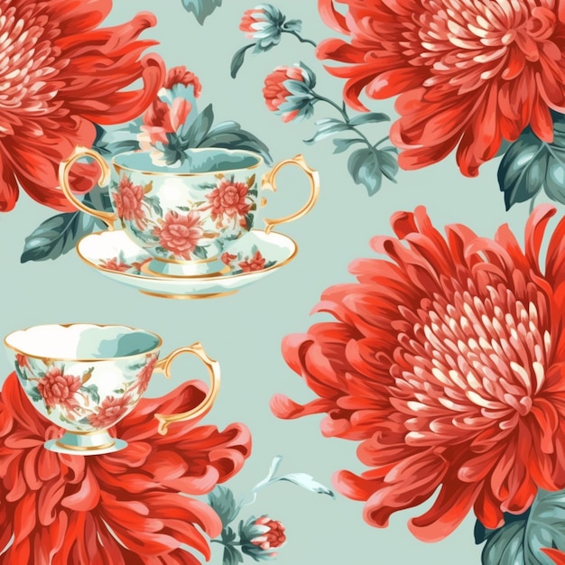 seamless floral pattern with red chrysanthus and teacups generative ai