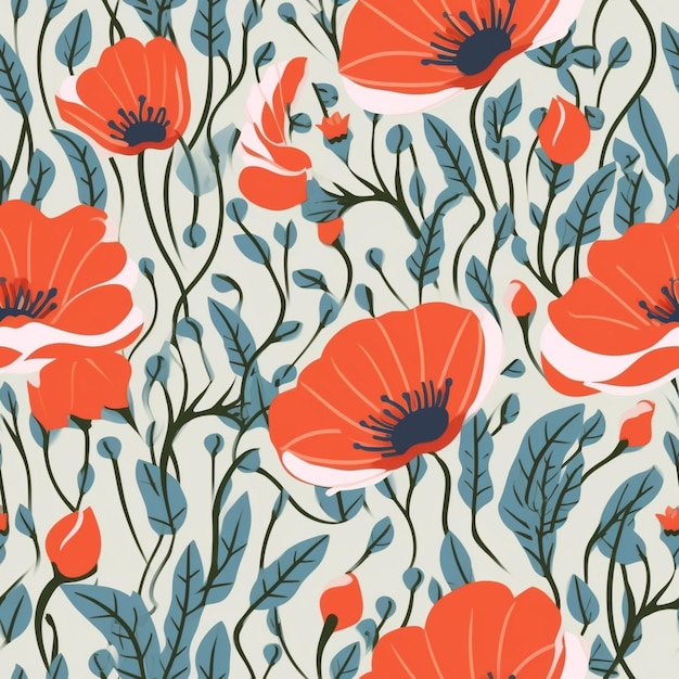 鮮やかな青い背景の上に赤い花と葉を描いた無縫の花のパターン (ジェネレーティブ・アイ)