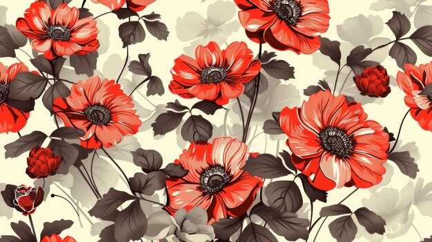 A seamless floral pattern with red flowers on a monochrome background