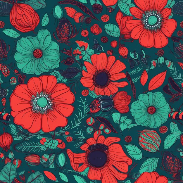 Seamless floral pattern with red and green flowers and leaves generative ai