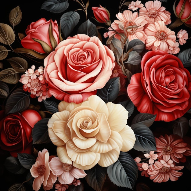 Seamless floral pattern with red and pink roses on black background watercolor