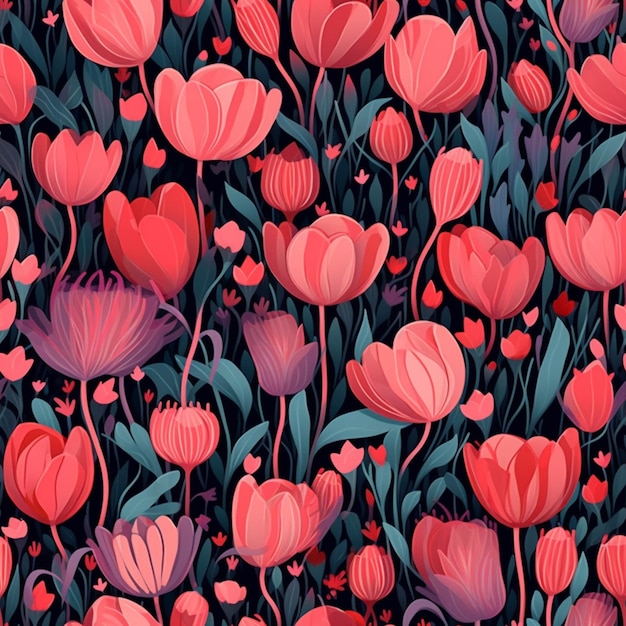 Seamless floral pattern with red tulips and hearts generative ai