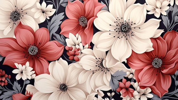 Seamless floral pattern with red and white flowers on black background Generative AI