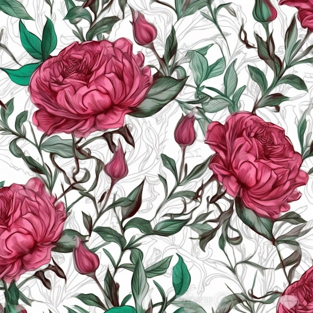 seamless floral pattern with roses and leaves on white background generative ai