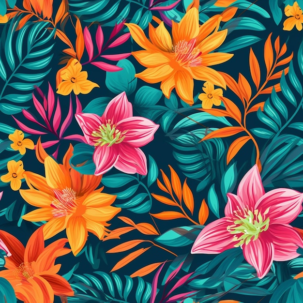 seamless floral pattern with tropical flowers and leaves generative ai