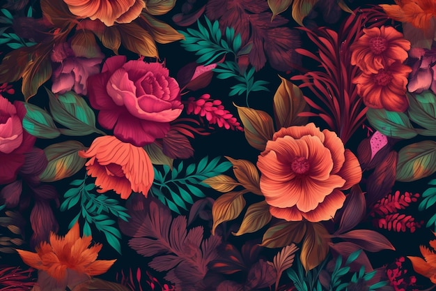 Seamless floral pattern with tropical flowers and leaves Vector illustration