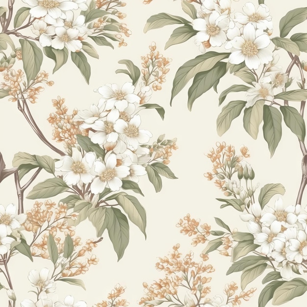 A seamless floral pattern with white flowers and leaves on a beige background.