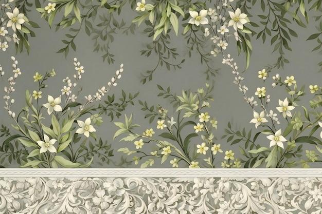 Seamless floral pattern with white flowers and leaves on a gray background