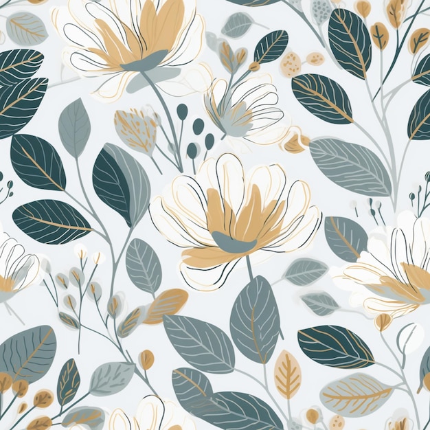 seamless floral pattern with yellow and blue flowers and leaves generative ai