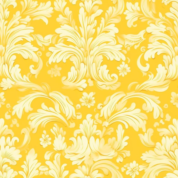 A seamless floral pattern with yellow flowers and leaves on a yellow background.