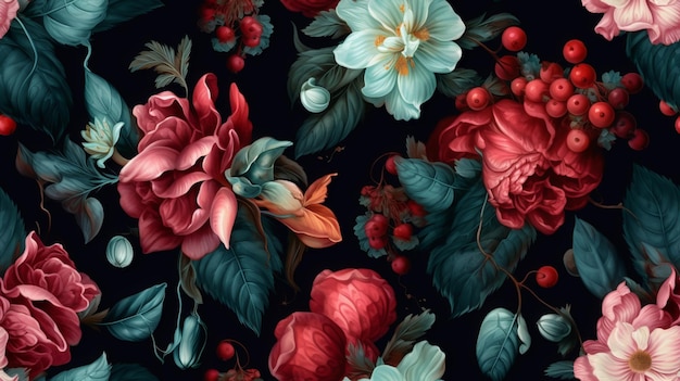 Seamless flowers on black background in dark teal and light maroon