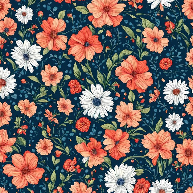 seamless flowers pattern with royal blue and peach color shade background illustration