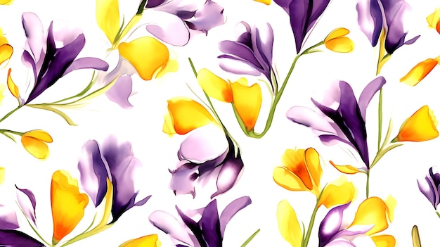 seamless Freesia floral water color pattern on white background