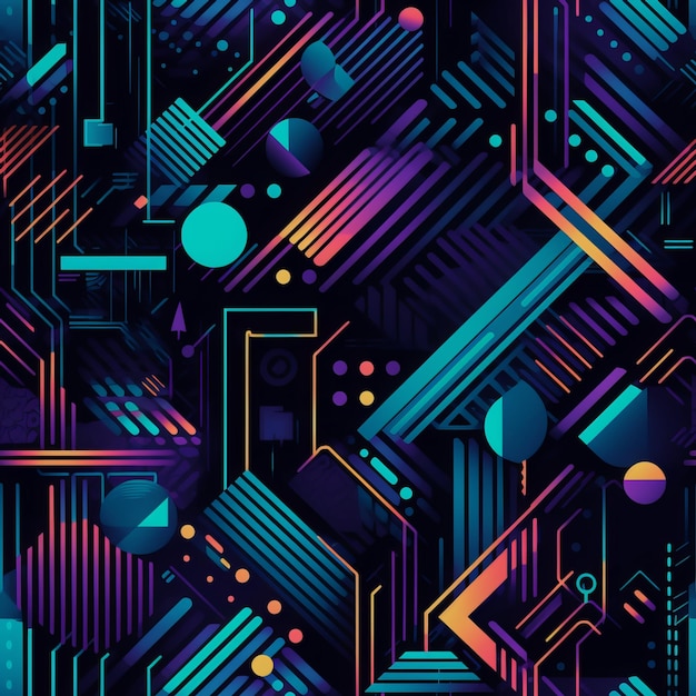 Seamless Futuristic Cyberpunk Cityscape with Neon Lines Pattern Background