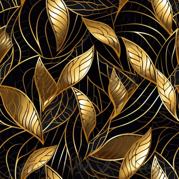 Seamless gold leaves on black background generative ai