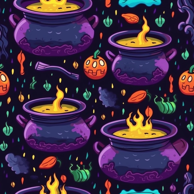 a seamless halloween background with caulds and pumpkins generative ai