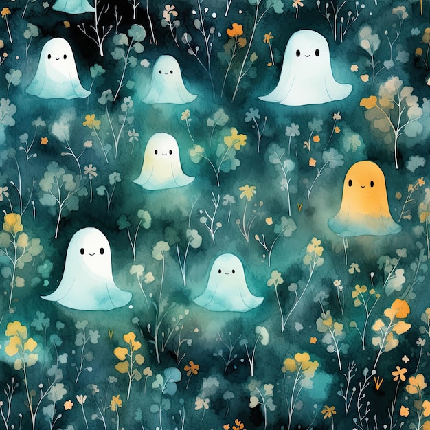 Seamless Halloween pattern with ghosts levitating Generative AI