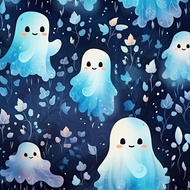 Seamless Halloween pattern with ghosts levitating Generative AI