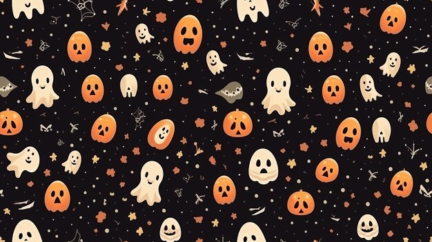 seamless halloween pattern with ghosts and pumpkins in the forest