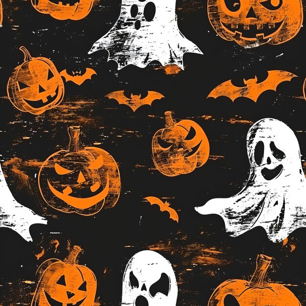 Photo seamless halloween pattern with pumpkins ghosts and bats on a dark background