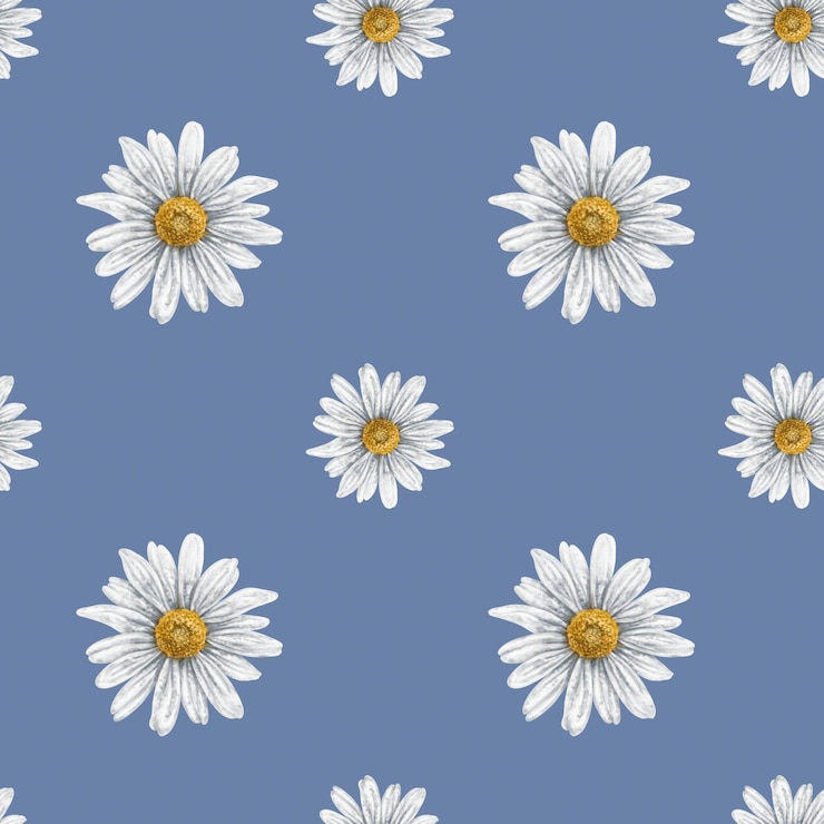 Photo seamless hand drawn pattern with white chamomiles flower background illustration on blue background