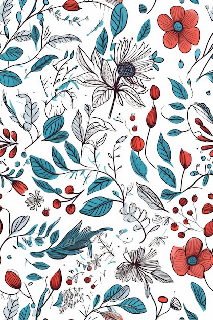 Seamless HandDrawn Floral Pattern on White Background