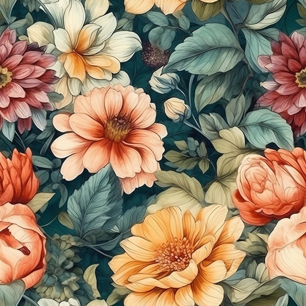 Seamless HandPainted Watercolor Flowers Texture