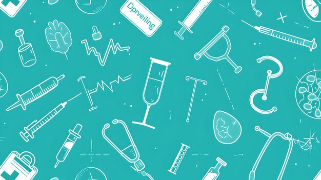 Seamless Health and Medical Pattern Featuring Icons and Symbols Light Teal Background Ideal for Healthcare Industry Use AI