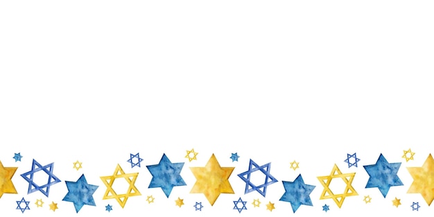 Photo seamless horizontal border banner for hanukkah, jewish holidays, blue and yellow gold stars of david