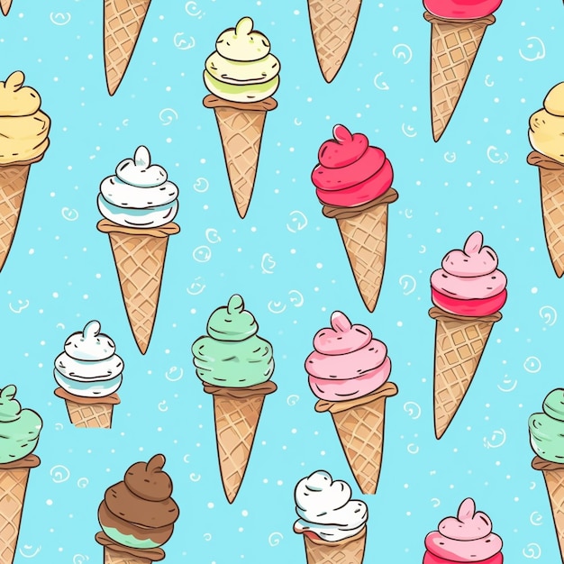 Seamless ice cream cones with different flavors on a blue background generative ai