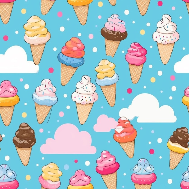 Seamless ice cream pattern with clouds and clouds generative ai