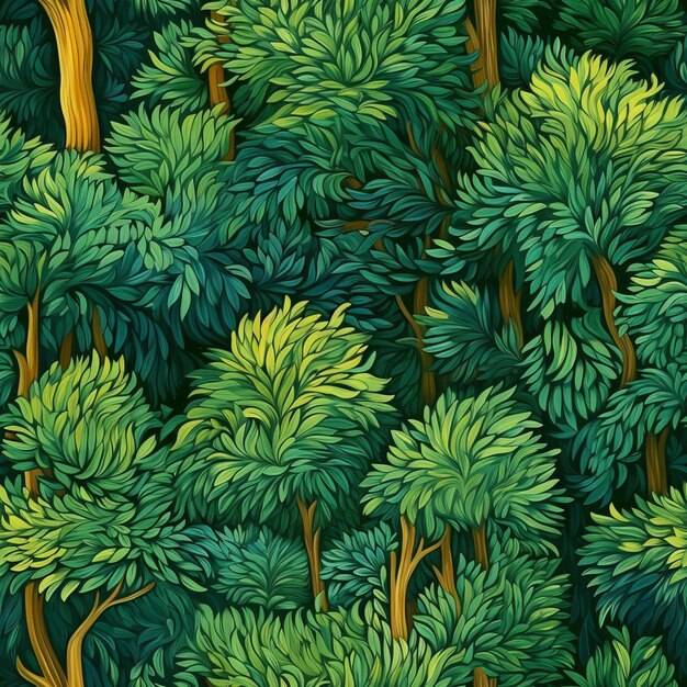 Foto un'illustrazione senza cuciture di una foresta con molti alberi e cespugli generativi ai