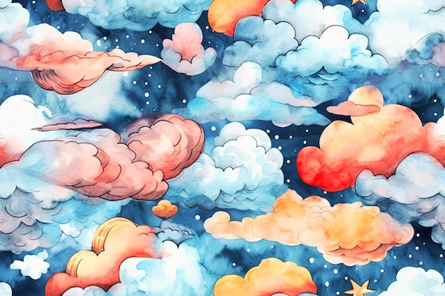 Seamless illustration of a pattern of cute clouds of pastel shades Generative AI