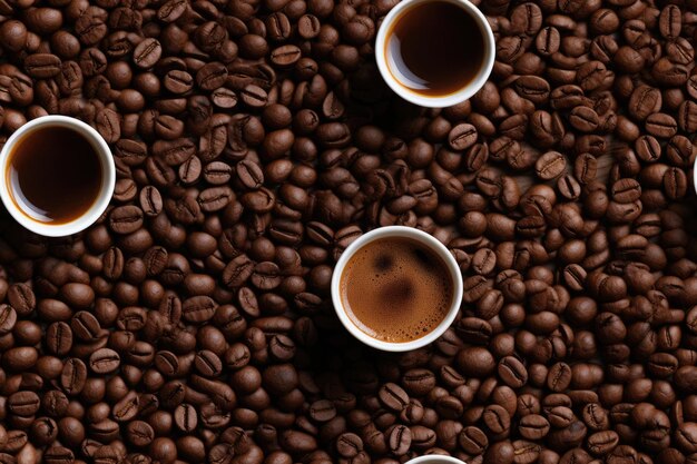 Seamless image of cups of hot coffee and coffee beans