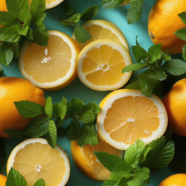 Seamless image of slices of orange lemon grapefruit and mint leaves