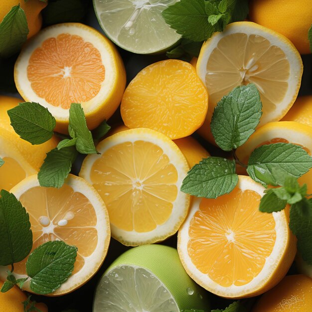 Seamless image of slices of orange lemon grapefruit and mint leaves