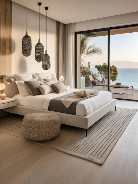 현대적 인 해변 침실 미학 을 가진 원활 한 실내외 가정