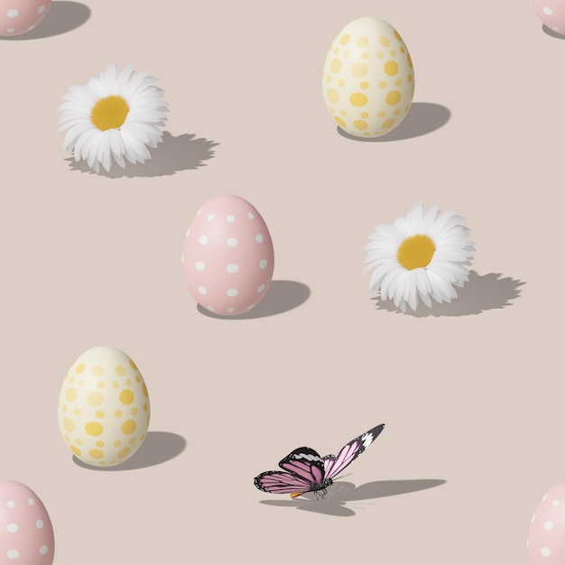 Seamless isometric pattern with Easter eggs, butterflies and flowers on beige background. Trendy des