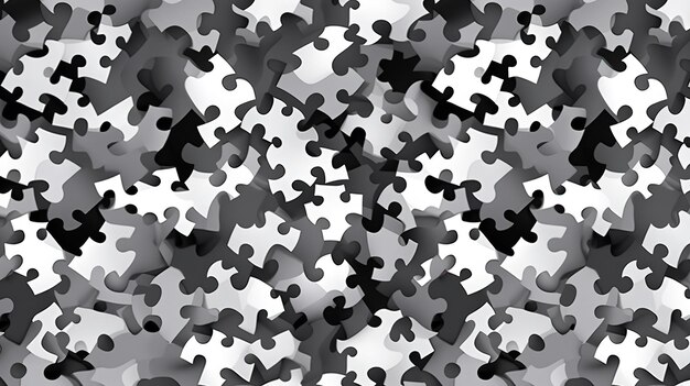 Seamless jigsaw puzzle pieces urban camouflage background pattern in black. Generative Ai