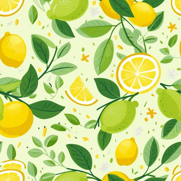 Seamless lemons and leaves pattern on a light green background generative ai