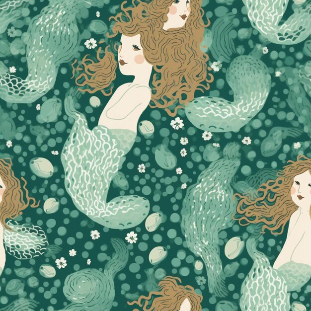 seamless mermaids in the sea with cactus plants and flowers generative ai