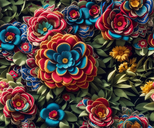 Photo seamless mexican embroidery flowers hyper realistic pattern design