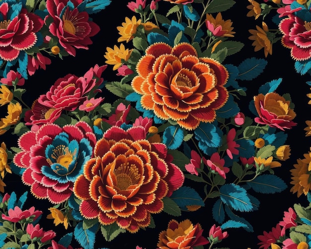 Seamless Mexican embroidery flowers pattern