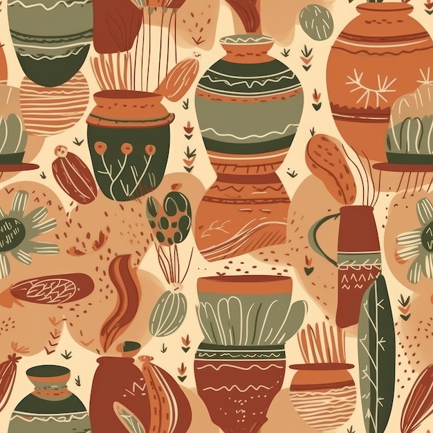 Seamless MexicanThemed Culture Pattern with Cacti and Vases