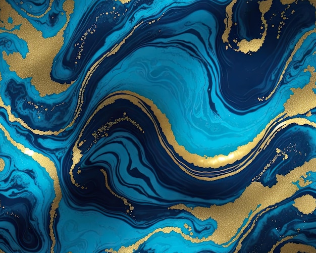 Seamless ocean blue and golden fluid pattern modern wallpaper design